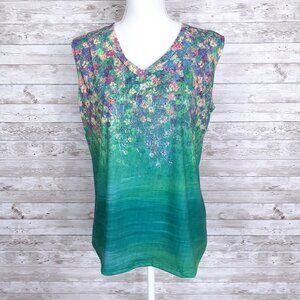 La Mode Womens Sleeveless Top XL VNeck Floral Green 121A